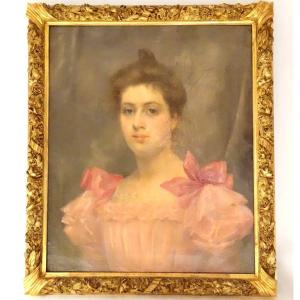 Large Hst Portrait Elegant Woman Marguerite Jacquelin Golden Frame 19th Century