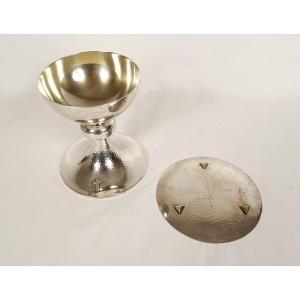 Chalice Paten Sterling Silver Hammered Minerva Cross Pb 626gr 20th Century