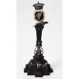 Small Commemorative Victory Column Ebony Silver Coat Of Arms Crown 19th