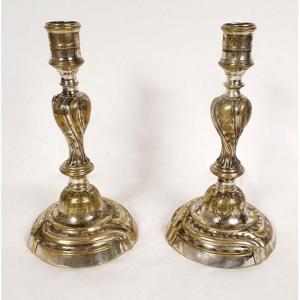 Pair Of Louis XV Candlesticks Silver Bronze Barrel Knots Garlands XVIII