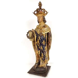 Polychrome Wood Statue Saint Louis King France Crown Fleurs De Lys XVIIIth