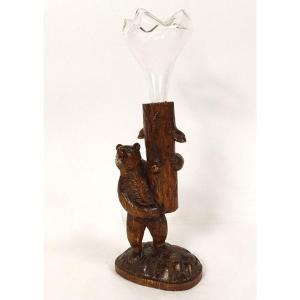 Bear Sculpture Vase Soliflore Carved Wood Black Forest Black Forest 19th