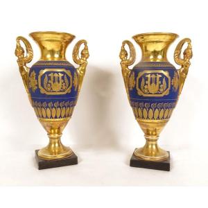 Pair Of Baluster Vases Empire Porcelain Paris Winged Women Palmettes 19th