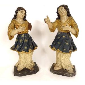 Pair Statues Praying Angels Carved Wood Polychrome Altarpiece 18th Century