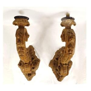 Pair Of Large Sconces Arms Of Light Carved Wood Linden Early 18th Century