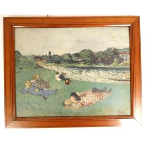 Hsc Painting Paul Strecker Landscape Countryside Characters Lying Lawn 20th