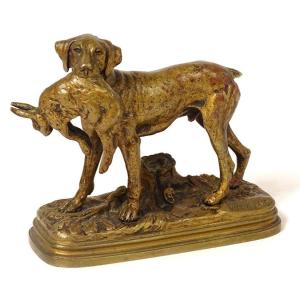Bronze Sculpture Alfred Dubucand Hunting Dog Hare Animal 19th Century
