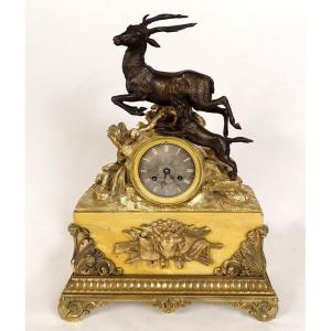 Siena Marble Restoration Clock Gilt Bronze Hunting Stag Dog 19th