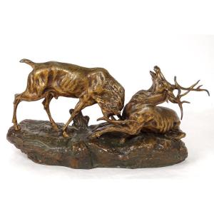 Bronze Sculpture Thomas François Cartier Animal Deer Fight 20th Century