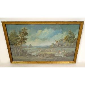 Gouache Landscape Hunting Scene Deer Mill Forest French School 18th