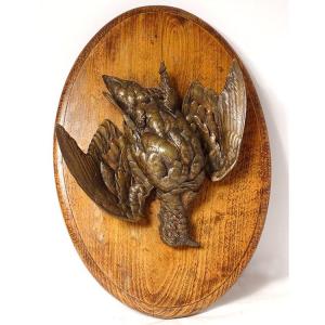 Trophée de Chasse Sculpture Bronze Oiseau Perdrix Médaillon Bois XIXème