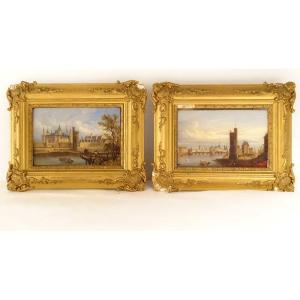 Pair Hsp Paintings Views Paris Old Louvre Tour De Nesle Stuccoed Frame 19th
