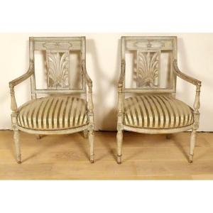 Pair Of Directoire Armchairs Lacquered Wood Palmette Shell Seats Late 18th Century