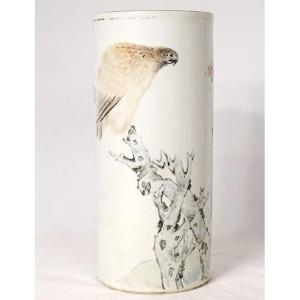 Vase Rouleau Porcelaine Chine Chien Oiseau Arbre Poème Signé Guangxu XIXème