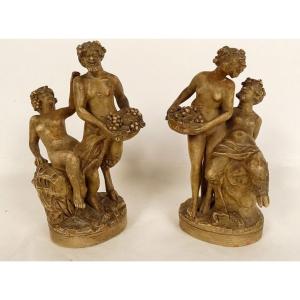 Paire Sculptures Terre Cuite Clodion Satyres Faunes Nymphes Bacchantes XIXè