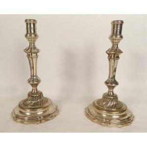 Pair Of Regency Flambeaux Candlesticks Silver Bronze 18th Century