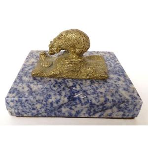 Small Sculpture Paperweight Gilt Bronze Bear Sodalite Marble Late 19th Century