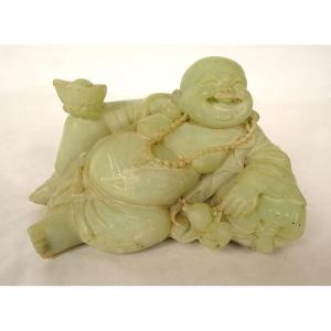 Sculpture Chinoise Jade Jadéite Verte Bouddha Rieur Signature Xuande XIXème
