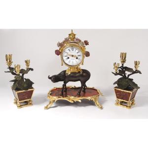Louis XV Buffalo Clock Gilt Bronze Lacquered Wood Chinese Candelabra 18th Century