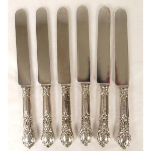 6 Silver Knives Filled With Minerva Coat Of Arms Crest Count's Crown 19th Century