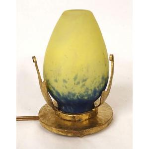 Night Light Lamp Signed Robj Glass Paste Hammered Bronze Art Deco 20th Century