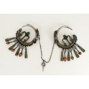 Paire Fibules Argent Massif émaux Corail Maroc Berbère Jean Besancenot