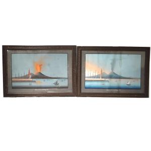 Paire gouaches napolitaines éruption Vésuve Italie bateaux 27 mai 1858 XIXè