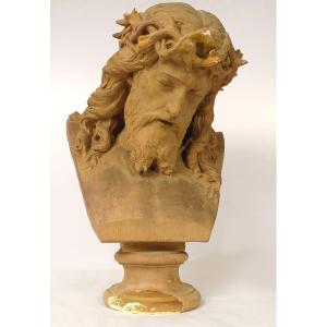Sculpture buste Christ couronne épines J-B. Clésinger terre cuite 61cm XIXè