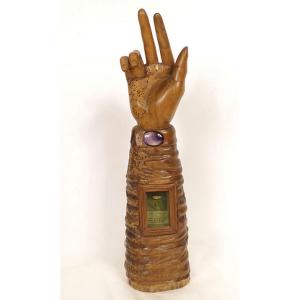 Bras reliquaire bois sculpté Saint Nicolas améthyste début XIXème siècle