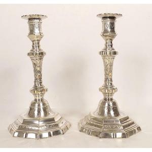 Paire bougeoirs Louis XIV flambeaux métal argenté Christofle XIXème siècle
