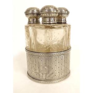 4 Perfume Bottles With Odor, Solid Silver, Minerva Crystal, 19th Century