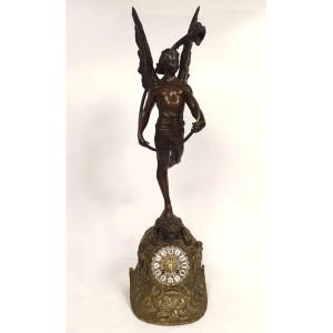 Grande pendule bronze Archange St Michel dragon casque coq Rivière XIXème
