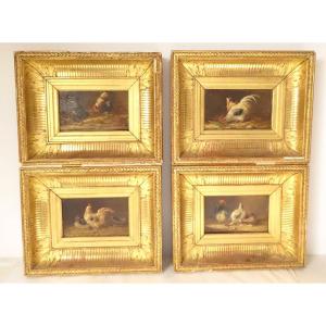 4 HSP tableaux poules combat coqs basse-cour poulailler cadre doré XIXème