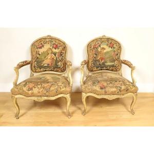 Paire fauteuils à la reine Louis XV bois tapisserie Aubusson Fable Fontaine 18è