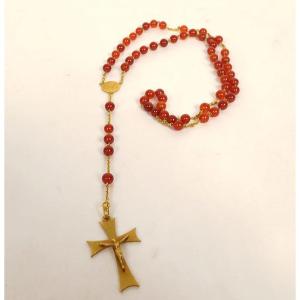 Chapelet or massif 18 carats grains cornaline croix Christ rosaire XXème