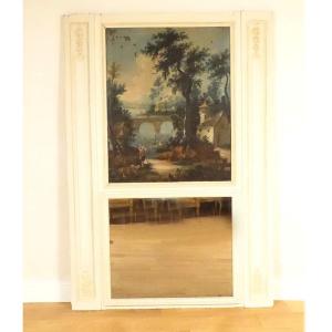 Louis XVI Trumeau Mirror, Lacquered Wood, Hst Shepherd Landscape, Bridge, 18th Century