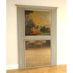 Louis XVI Trumeau Mirror, Lacquered Wood, Hst, Gallant Fishing Scene, 18th Century