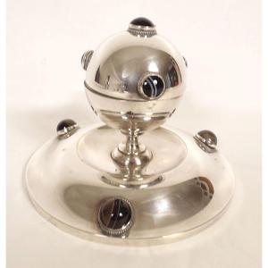 Silver-plated Inkwell With Tiger's Eye Agate Cabochons, Art Deco, 20th Century
