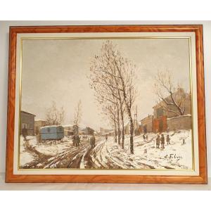 Hsp Painting Edouard Febvre Gypsy Camp Caravan Under The Snow 20th Century