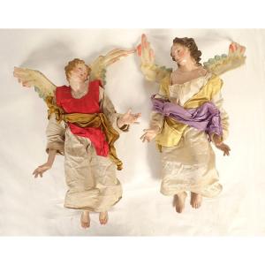 Pair Of Neapolitan Nativity Angels, Terracotta Santons, Sculptures, Naples, 19th Century