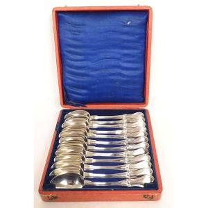 12 Solid Silver Minerva Pearl Teaspoons 207gr 19th Century Box