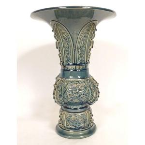 Gu Théodore Deck Vase, Glazed Earthenware, Chinoiserie, Oriental Dragon, 19th Century