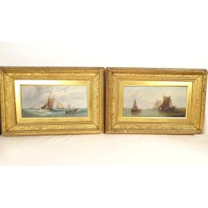 Paire HST tableaux marine William Calcott Knell bateaux pêche paysage XIXè