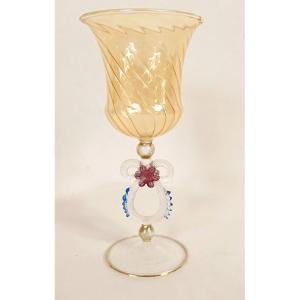 Decorative Stemmed Glass, Blown Glass, Murano Glassworks, Venice, Italy, Flower, 20th Century