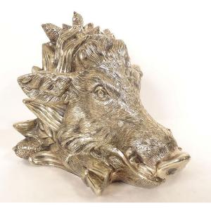 Sculpture Of A Boar's Head, Hunting Trophy, Silvered Bronze, Early 20th Century