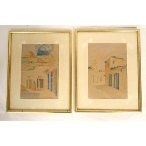 Two Orientalist Watercolors By Raoul Salvador Palumbo, Medina Of Tunis, Tunisia, 20th Century