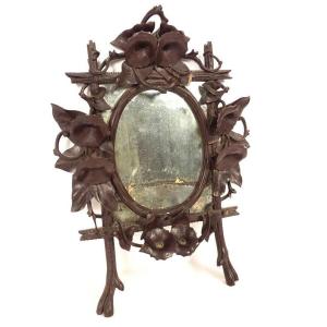 Carved Wooden Mirror, Black Forest, Bindweed Flowers, 19th Century
