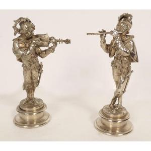 Paire sculptures Emile Guillemin musiciens Renaissance bronze argenté XIXè