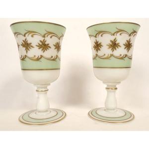 Pair Of Large Stemmed Opaline Glass Goblet Glasses With Gilt Floral Decoration, Napoleon III Style, 19th Century