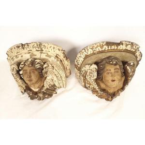 Pair Of Polychrome Carved Wood Wall Brackets With Cherub Heads And Putti, 18th Century